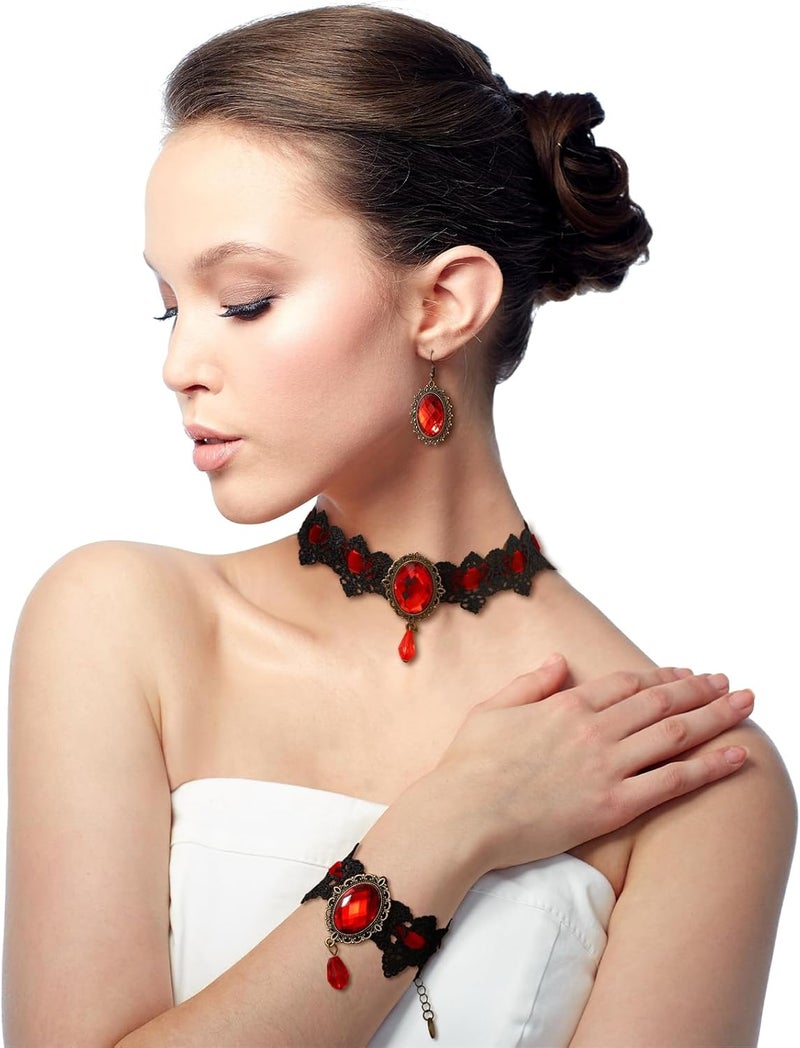 ELLEZZA Gothic Victorian Style Vampire Choker Necklace Bracelet Earrings Set,Halloween Pirate Steampunk Witch Vampire Costume Accessories Jewelry for Women,Adjustable Size - Image 2